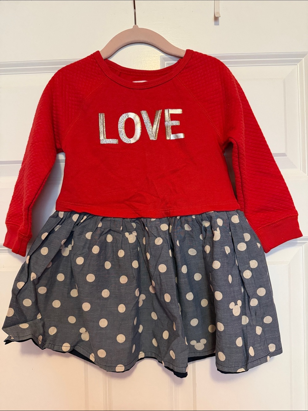 GAP Disney Red "LOVE" Long Sleeve Dress with Blue/White Polka Dot Skirt, NWT